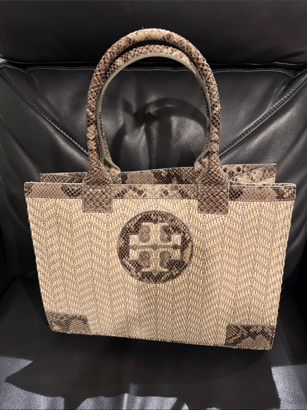 Tory Burch straw tote with python 
- Natural  Snake Pattern grey